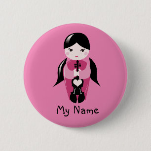 Macaron Rond 5 Cm Tresses et bouton rose de poupée de violon