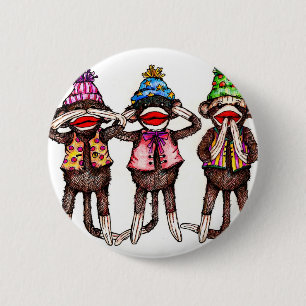 Macaron Rond 5 Cm Trio de singe de chaussette - ne voir, entendre,