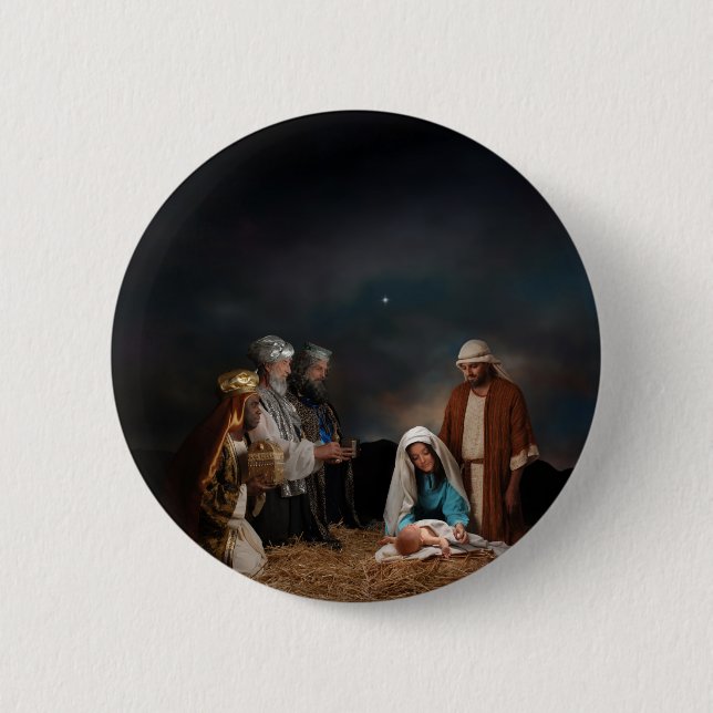Macaron Rond 5 Cm Trois sages à la nativité (Devant)