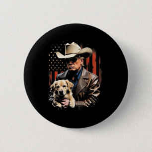 Macaron Rond 5 Cm Trump et chien Retriever doré, Drapeau américain d