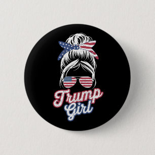 Macaron Rond 5 Cm Trump Girl Messy Bun Vintage États-Unis drapeau am