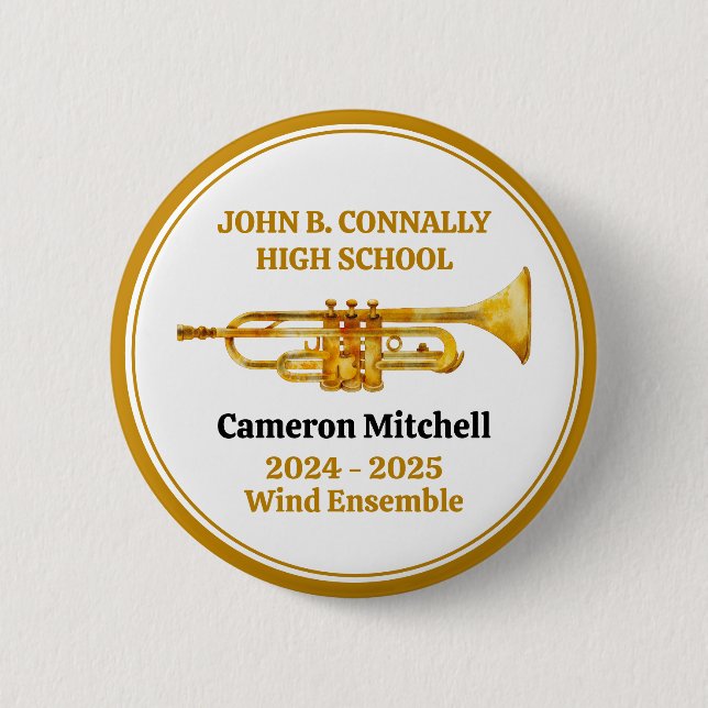 Macaron Rond 5 Cm Trumpet Player High School Band Gold Personalized (Devant)