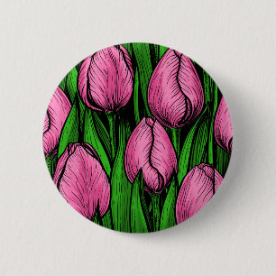 Macaron Rond 5 Cm Tulières roses avec feuilles verts