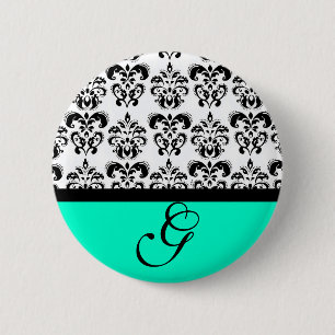MACARON ROND 5 CM TURQUOISE VERT NOIR BLANC MARIAGE DAMASSÉ MONOGRAM
