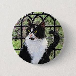 Macaron Rond 5 Cm Tuxedo Chat dans la peinture de fenêtre Art animal