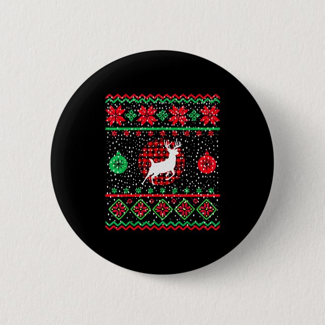 Macaron Rond 5 Cm Ugly Christmas Sweater Design Plaid Reindeer  (Devant)