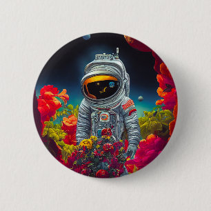 Macaron Rond 5 Cm Un astronaute coloré dans l'espace avec des fleurs