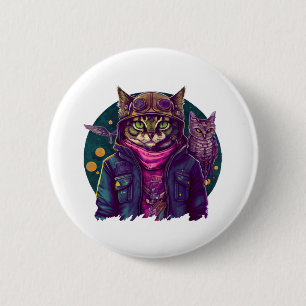 Macaron Rond 5 Cm Un chat et un hibou