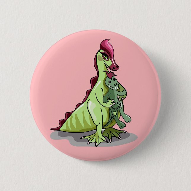 Macaron Rond 5 Cm Un Hadrosaurus Féminin Tenant Une Poupée. (Devant)
