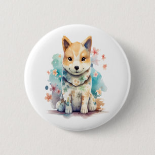 Macaron Rond 5 Cm Un mignon chien bien conduit en chemise fleurie