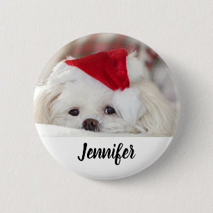 Macaron Rond 5 Cm Un mignon chien blanc dans un Casquette de Noël ro