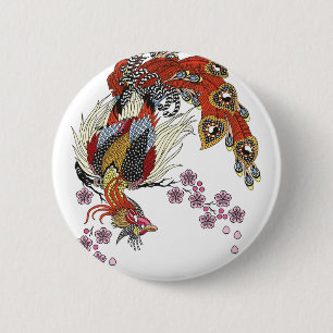 Macaron Rond 5 Cm un phoenix magique assis sur une sakura fleurie