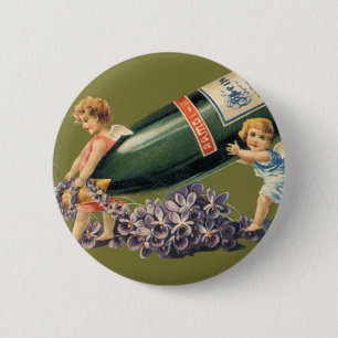 Macaron Rond 5 Cm Une Bonne Année, Anges Vintage avec du Champagne