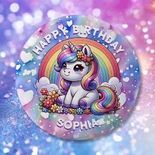 Macaron Rond 5 Cm Unicorn et arc-en-ciel Personnalisé Anniversaire f