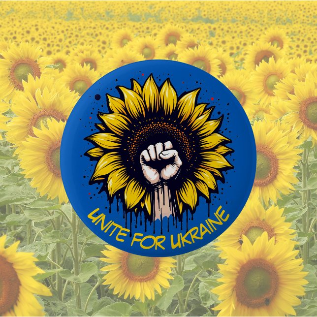 Macaron Rond 5 Cm Unite for Ukraine Sunflower & power Poing Button (Créateur téléchargé)