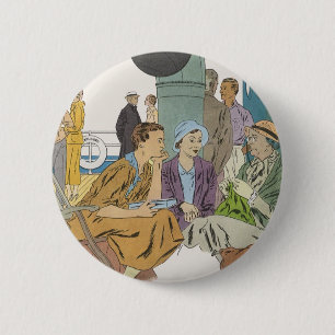 Macaron Rond 5 Cm Vacances Rétro, Passagers Bateau de Croisière sur