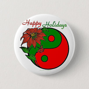 Macaron Rond 5 Cm Vacances Yin Yang Poinsettia Rouge Vert