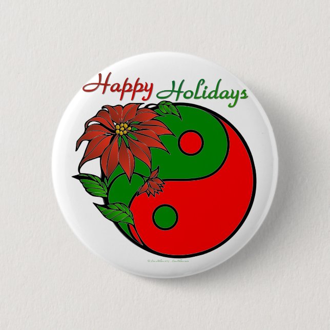 Macaron Rond 5 Cm Vacances Yin Yang Poinsettia Rouge Vert (Devant)