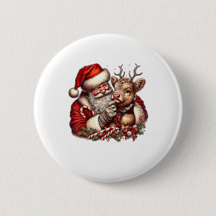 Macaron Rond 5 Cm Vache Highland de Noël avec Père Noël Vintage écos