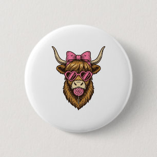 Macaron Rond 5 Cm Vache Highland mignonne avec lunettes de cœur rose