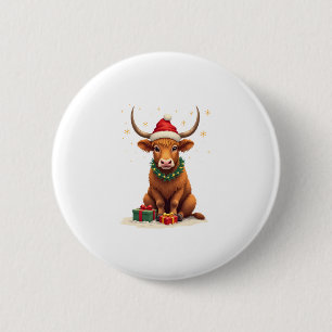 Macaron Rond 5 Cm Vache Highland Noël Vintage avec Cadeaux Mignonne 