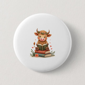 Macaron Rond 5 Cm Vache Highland Vintage lisant des livres Floral Cu