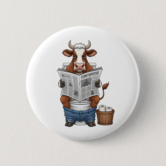 Macaron Rond 5 Cm Vache sur Toilet, Animaux de ferme amusants (Devant)