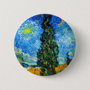 Macaron Rond 5 Cm Van Gogh Road avec Cypress et Star