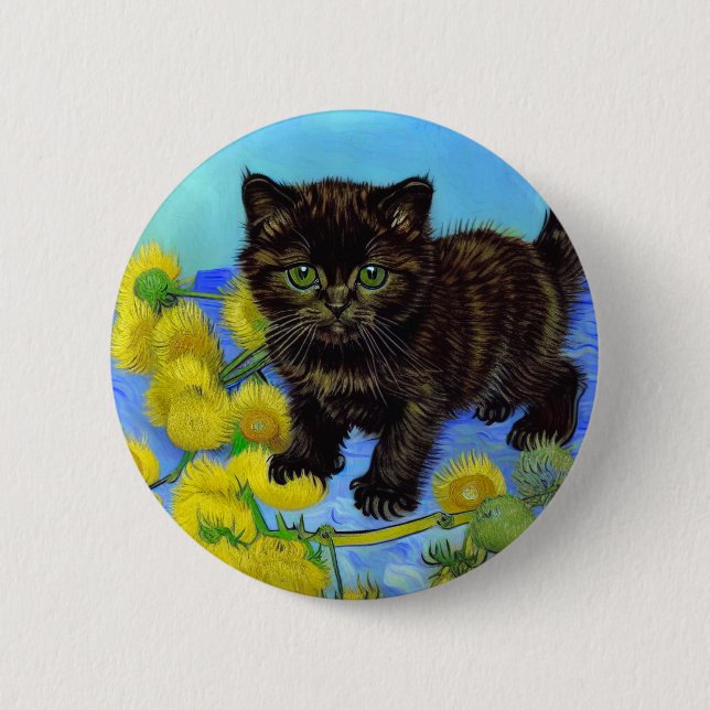 Macaron Rond 5 Cm Van Gogh Style Chat avec tournesol (Devant)