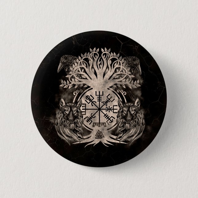 Macaron Rond 5 Cm Vegvisir -Yggdrasil Avec Ravens & Wolves (Devant)