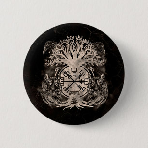 Macaron Rond 5 Cm Vegvisir -Yggdrasil With Ravens & Wolves