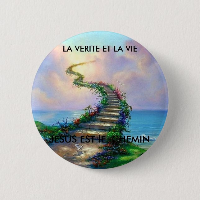 Macaron Rond 5 Cm vers le ciel (3), JESUS EST LE CHEMIN, QUI MENE... (Devant)