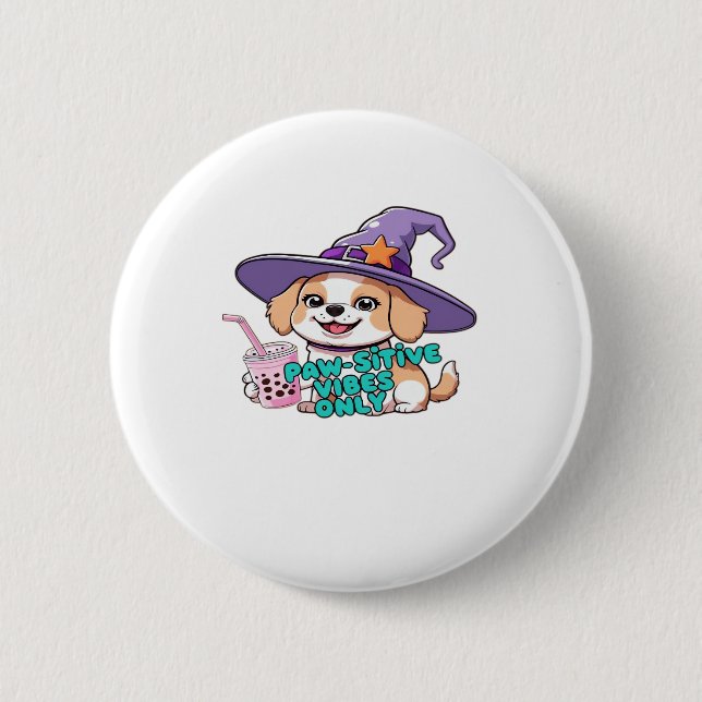 Macaron Rond 5 Cm Vibes Paw-Stive Seulement � Chien mignon Avec Thé  (Devant)