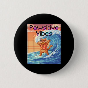 Macaron Rond 5 Cm Vibes Positives Chat Surfant - Vague d'Art Pixel