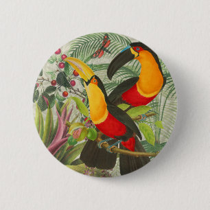 Macaron Rond 5 Cm Vibrant Tropical Toucan Birds Art Exotic Jungle