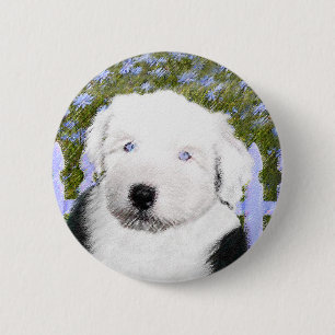 Macaron Rond 5 Cm Vieux anglais Sheepdog Puppy Peinture - Chien Art