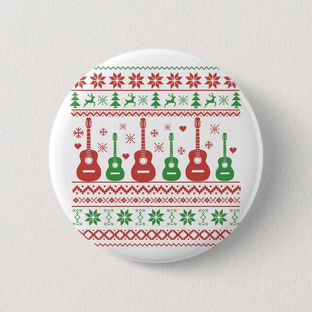 Macaron Rond 5 Cm Vilain joyeux pull de Noël guitare acoustique (Devant)