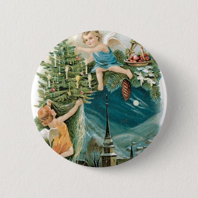 Macaron Rond 5 Cm Village de Noël avec Anges (Devant)