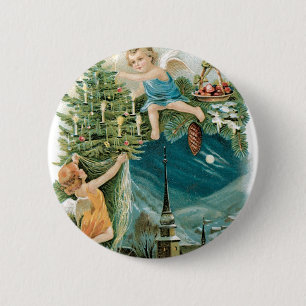 Macaron Rond 5 Cm Village de Noël avec Anges