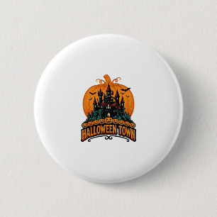 Macaron Rond 5 Cm Ville d'Halloween Château Hanté Vintage Citrouille