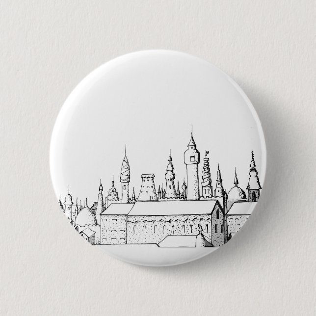 Macaron Rond 5 Cm ville fabuleuse . artwork . noir et blanc (Devant)