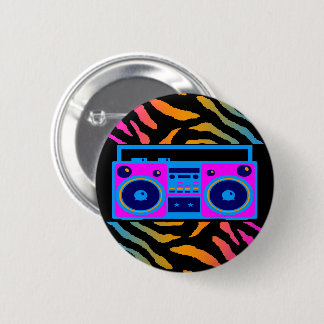 MACARON ROND 5 CM VINTAGE 80 RÉTRO BOOMBOX RAYURES DE TIGRE ÉPINGLE