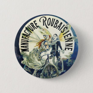 Macaron Rond 5 Cm Vintage Art Nouveau Fairies, Pierrot Bicycle Moon