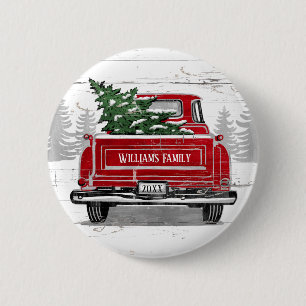 Macaron Rond 5 Cm Vintage Camion Rouge Arbre de Noël Nom rustique