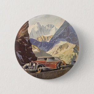 Macaron Rond 5 Cm Vintage Car on Mountain Road in Winter with Snow