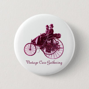 Macaron Rond 5 Cm Vintage Cars Gathering, violet rose violet blanc