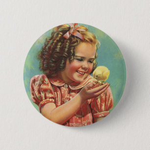 Macaron Rond 5 Cm Vintage Child, Happy Smile, Girl with Baby Chick