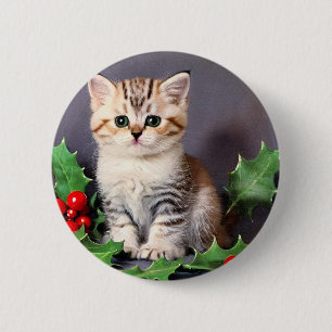 Macaron Rond 5 Cm Vintage Christmas Kitten et Holly