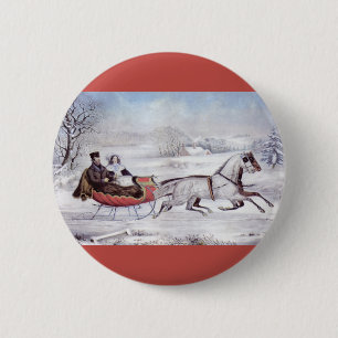 Macaron Rond 5 Cm Vintage Christmas, The Road Winter, Sleigh Horse