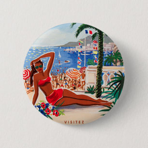 Macaron Rond 5 Cm Vintage Côte d'Azur Beach Girl